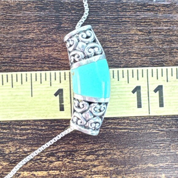 VTG Sterling Silver 925 Turquoise Scroll Slide Pendant Necklace Size 18" Length - Picture 12 of 13